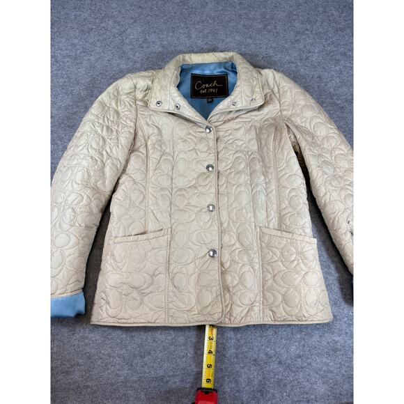 Coach Quilted Jacket Women Medium Beige Blue Insulated Cozy Warm Winter Outdoor - Picture 1 of 9